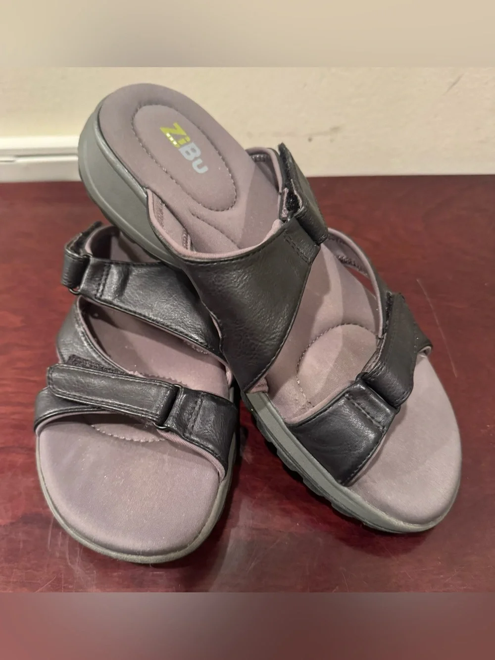 Women's Black Adjustable Leather Sandals by ZiBu - Size 7